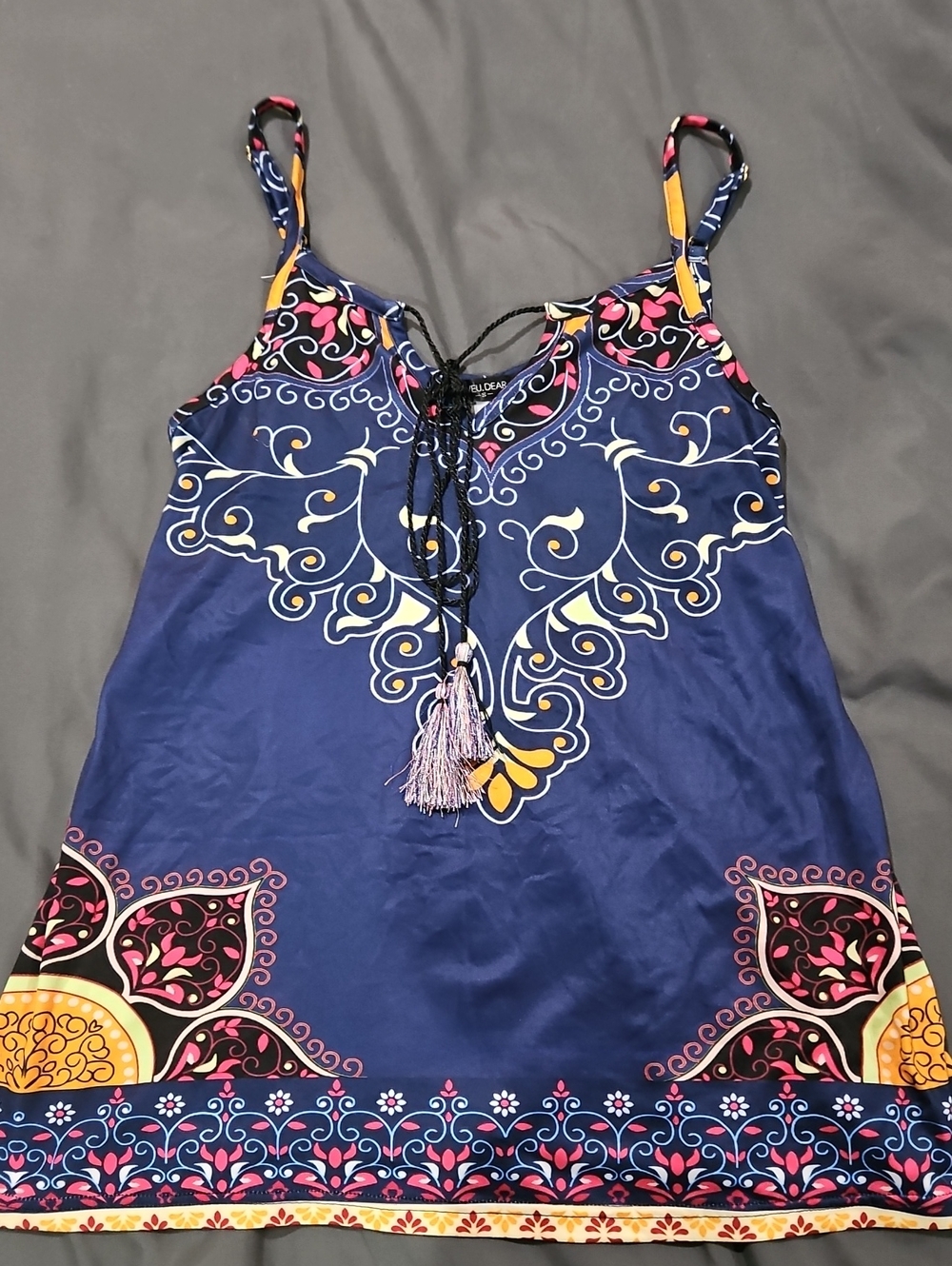 Boho-Print Navy Cami Top with Tassel Tie